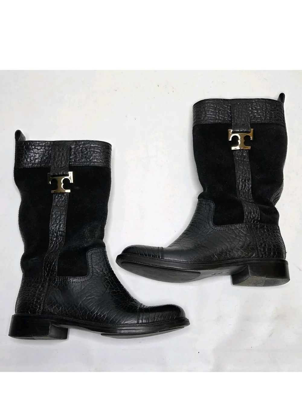Tory Burch Corey Mid Calf Boots Womens 7 M Leather Black Logo Riding Equestrian